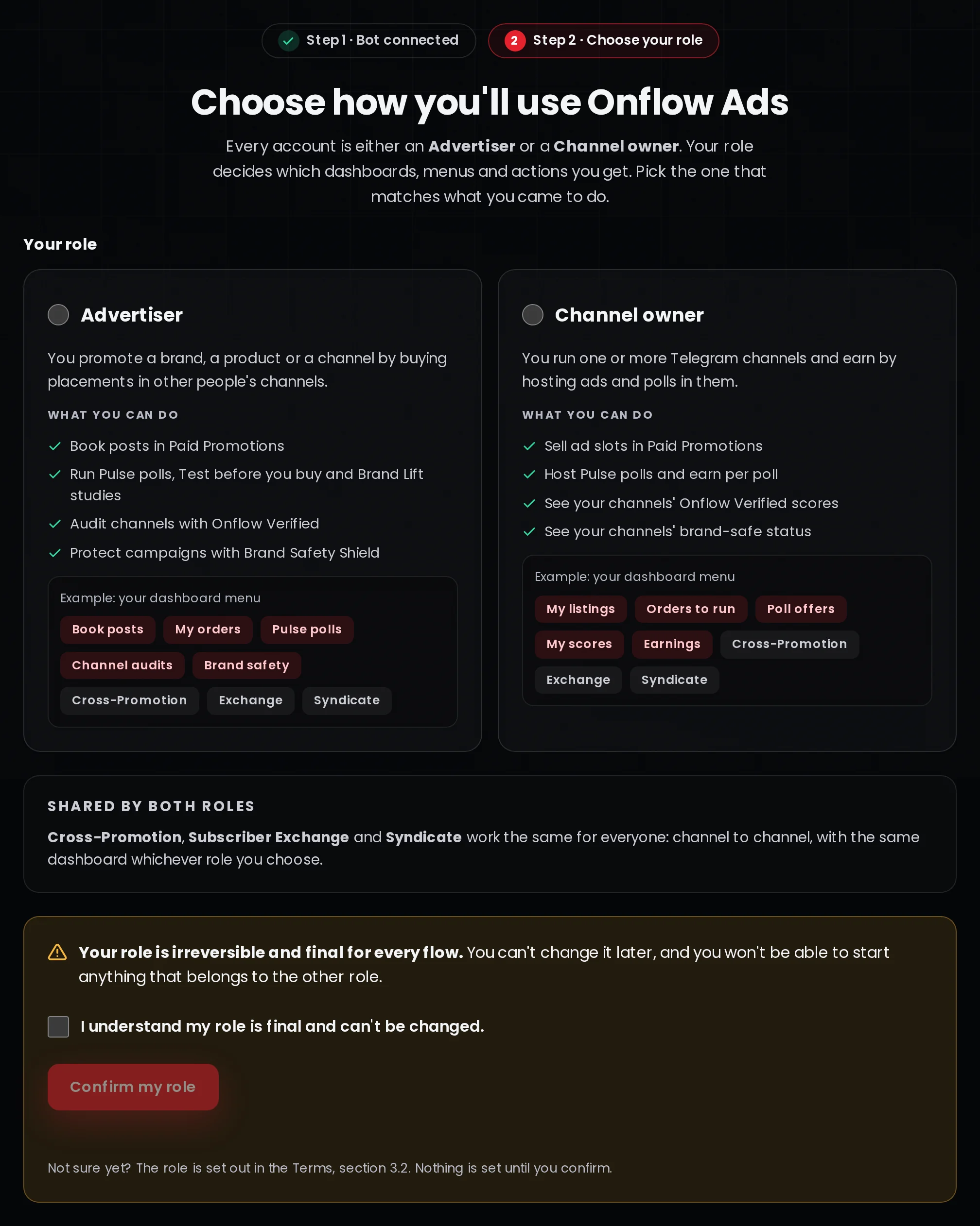 The role page with step 1 Bot connected ticked and step 2 Choose your role active, an Advertiser card and a Channel owner card each listing what that role can do with an example of its dashboard menu, a box listing Cross-Promotion, Subscriber Exchange and Syndicate as shared by both roles, and a warning that the role is irreversible with a checkbox and a Confirm my role button