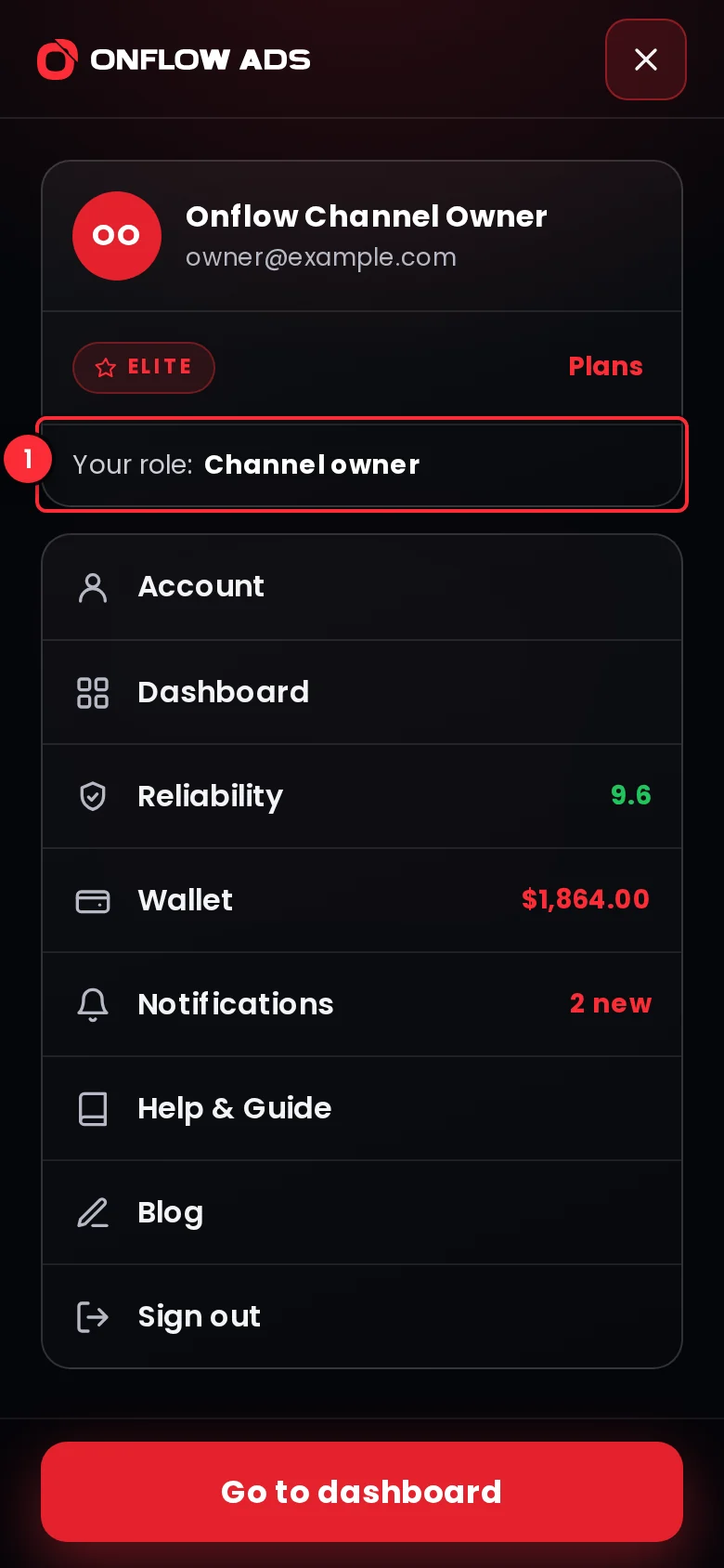 The account menu open on a phone, with the name and email, the Elite plan badge and a line reading Your role: Channel owner above the Account, Dashboard, Reliability and Wallet entries