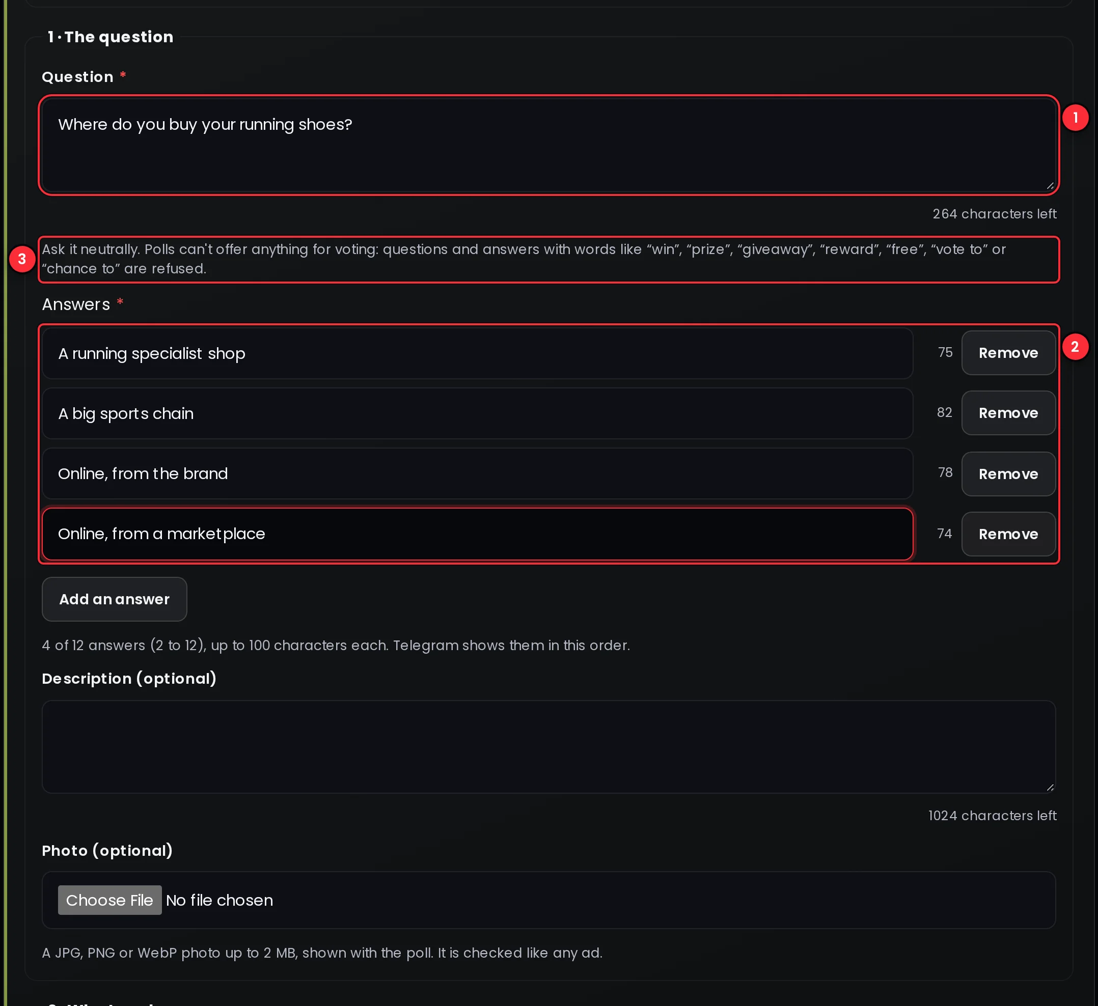 The new poll form with the question, the answers, the optional description and photo, and who can vote