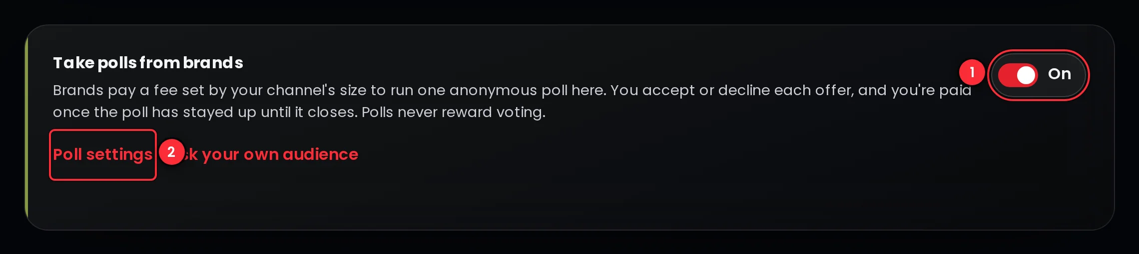 The Pulse part of a channel's own page with the switch for taking polls and the link to the channel's full poll settings
