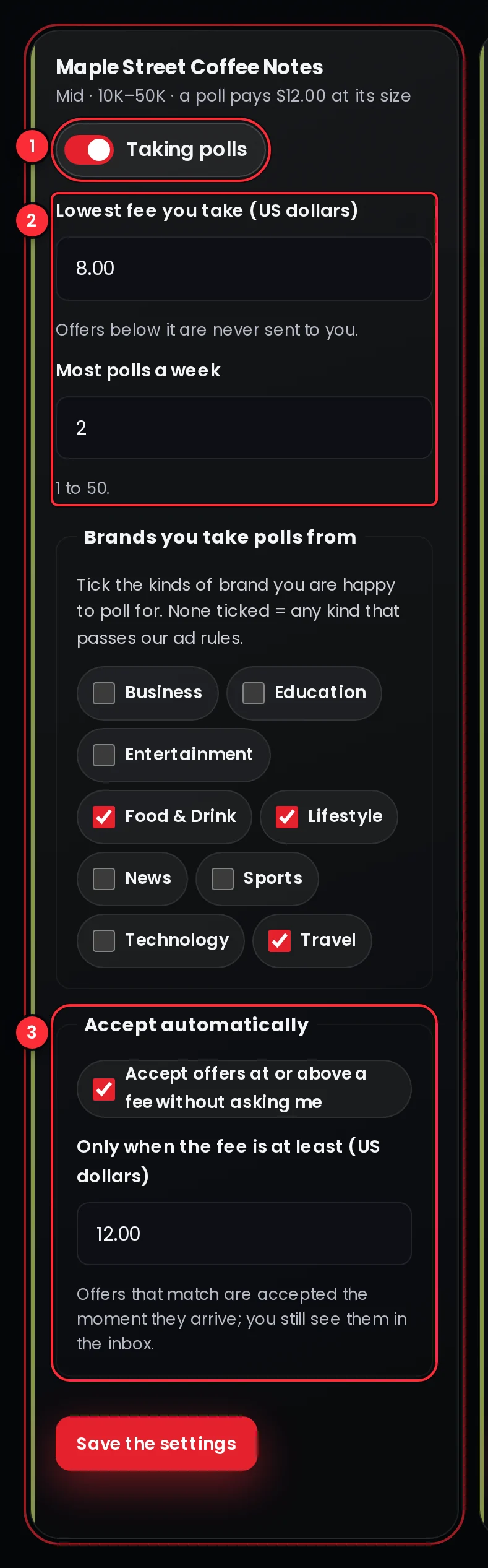 A channel's poll settings with the Taking polls switch, the lowest fee and the polls per week, the categories of brand accepted and the accept automatically rule