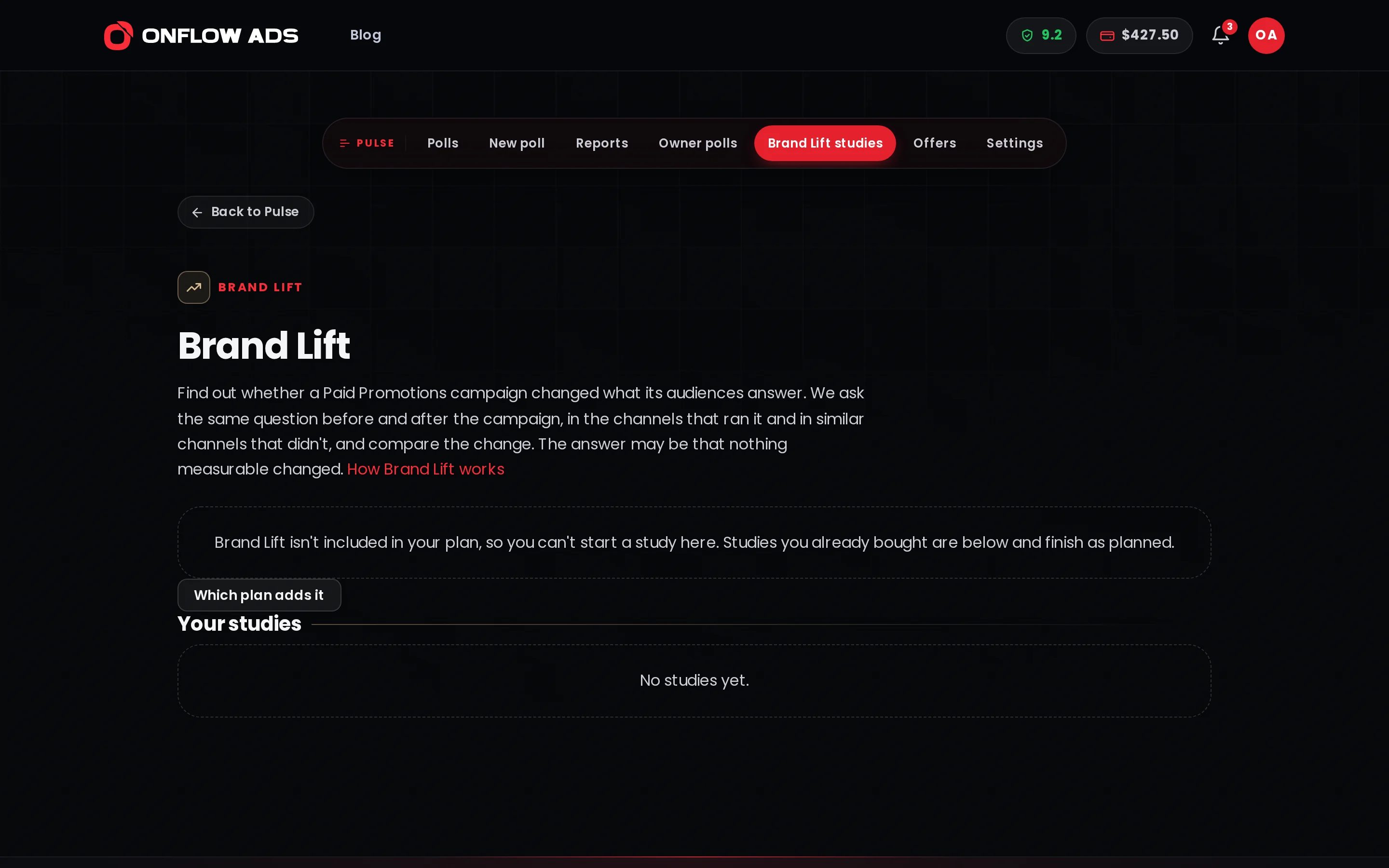 The Brand Lift page on the Plus plan saying Brand Lift is not included in the plan, with the button that shows which plan adds it