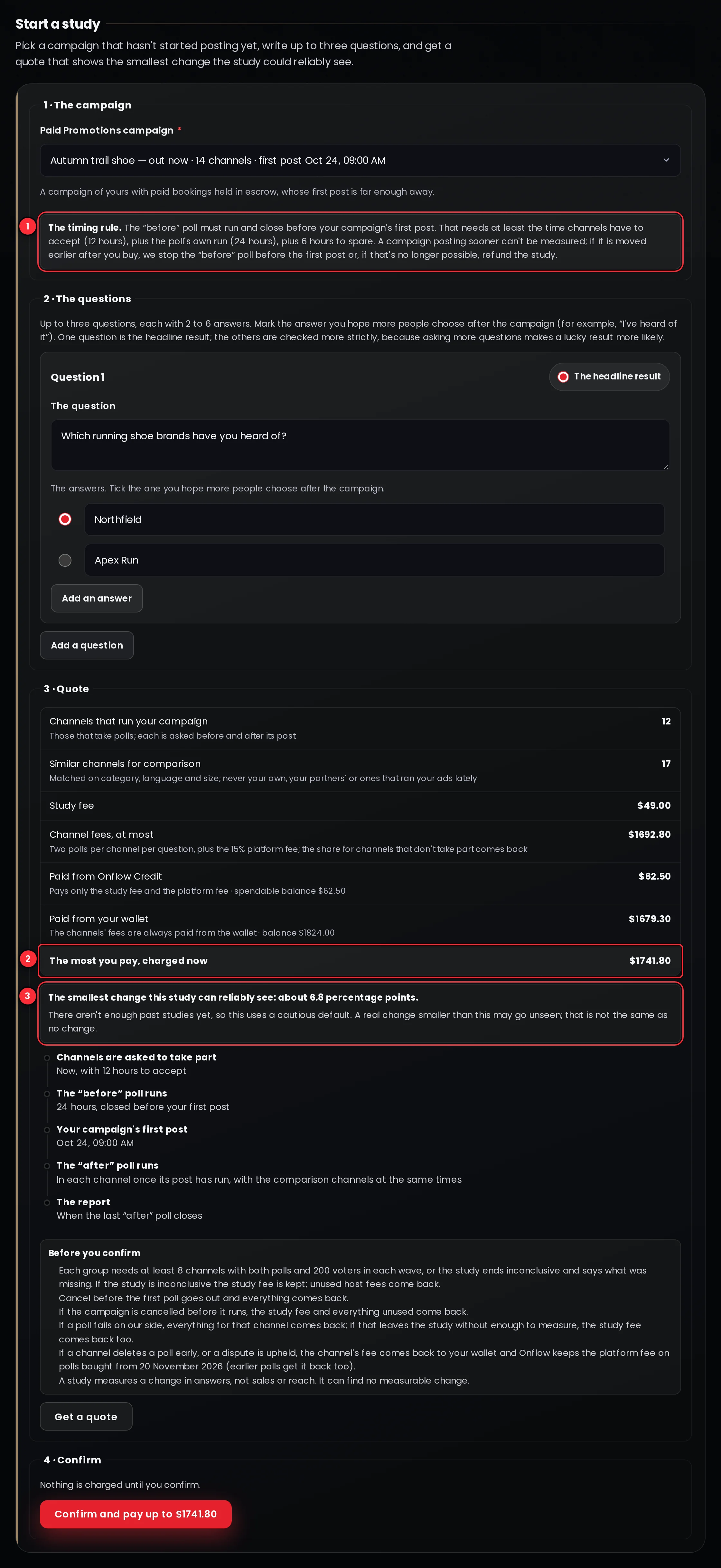 The Measure brand lift panel on a campaign page with the questions, the target answer, the channel groups, the smallest detectable lift and the quote