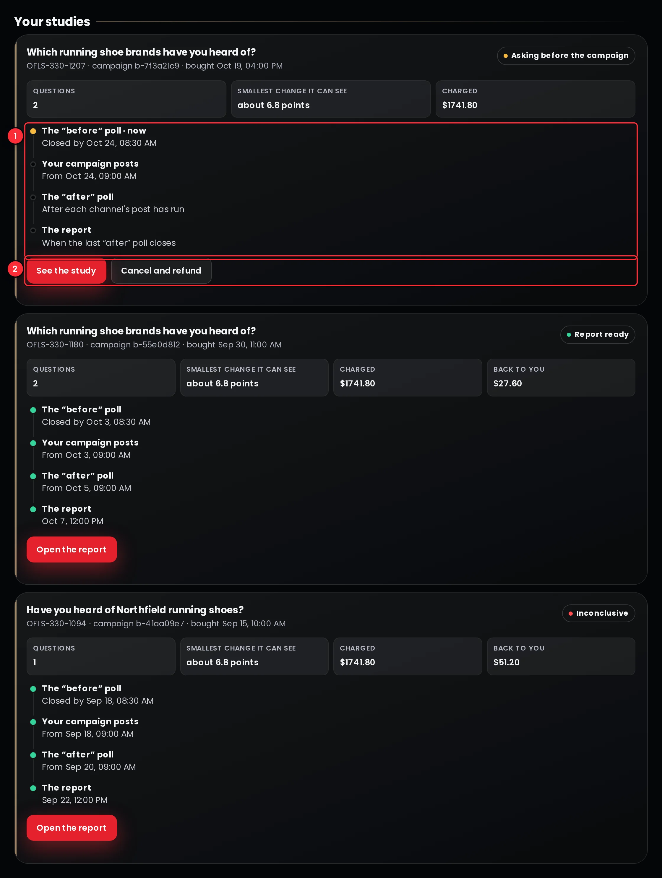 The Brand Lift studies list with each study's before and after waves on a timeline and the button that opens its report