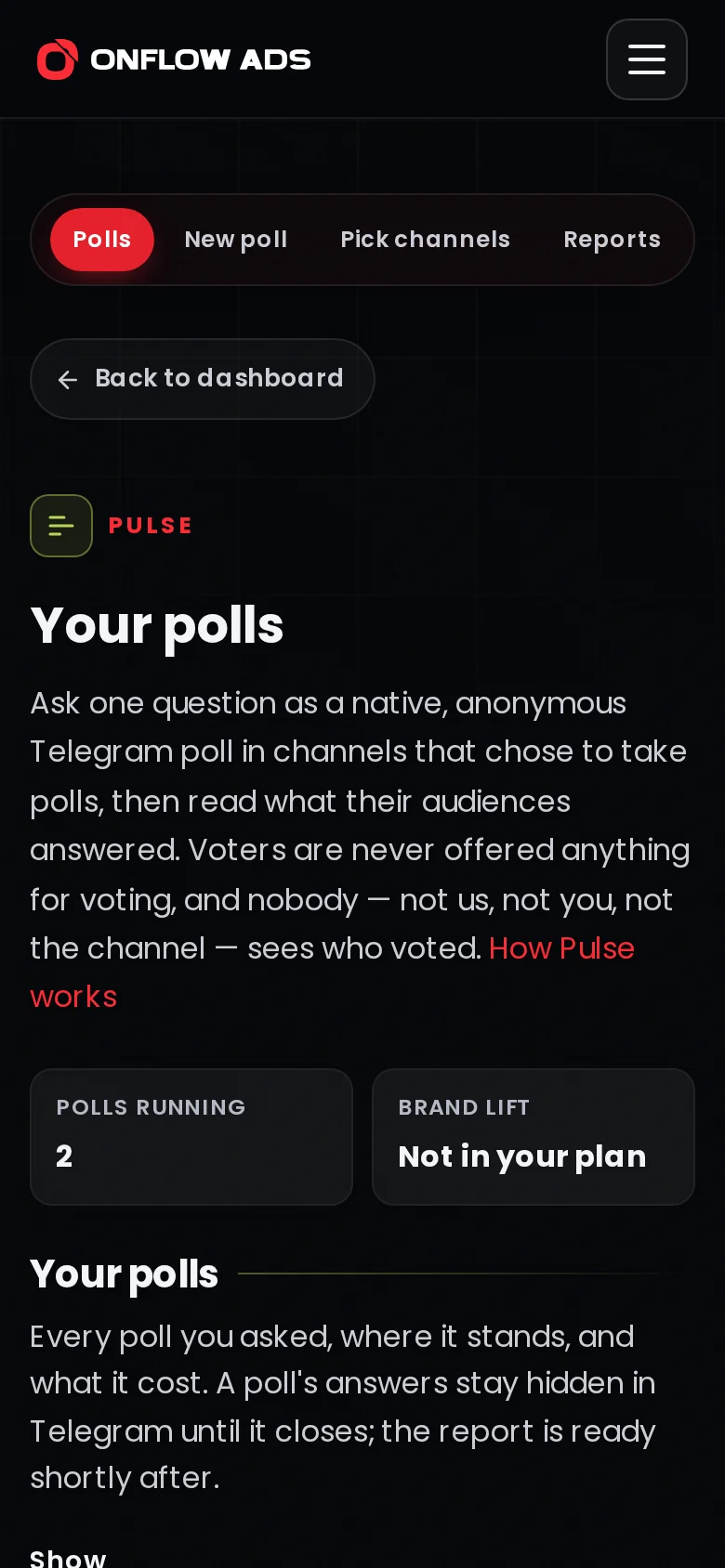 The Pulse page of an advertiser on a phone, with the bar scrolled to Polls, New poll, Pick channels and Reports, the two tiles side by side and the polls list below