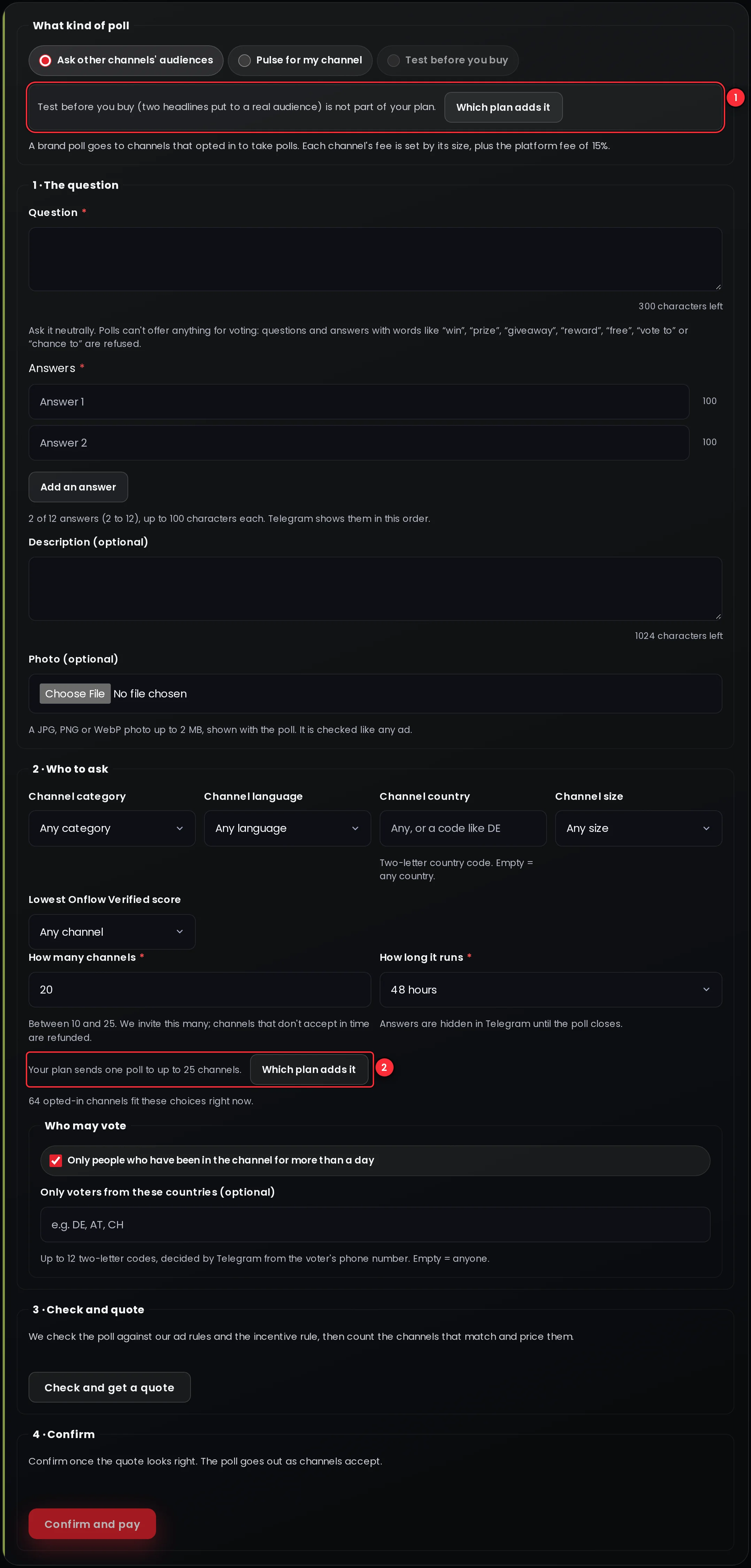 The new poll form on the Free plan with Test before you buy not part of the plan and the channel field limited to 25 channels, each with a Which plan adds it button