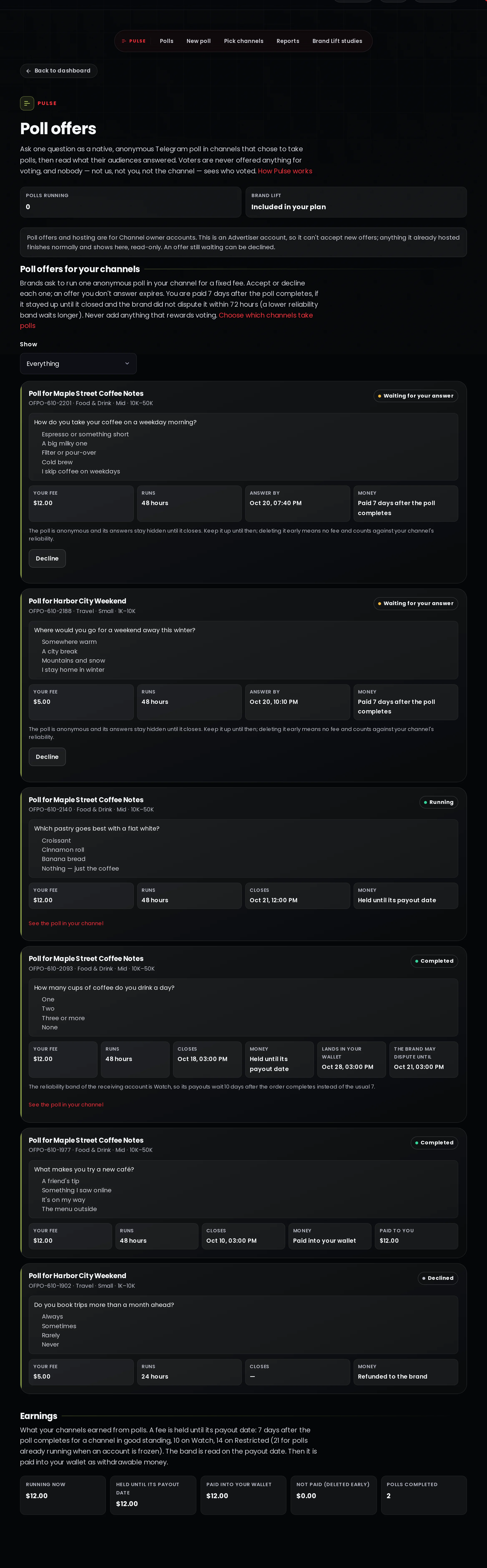 The Poll offers page on an advertiser account: a note saying poll offers and hosting are for Channel owner accounts and that anything already hosted finishes normally and shows here read-only, then offers waiting for an answer with only a Decline button, a running poll, completed polls and the earnings totals
