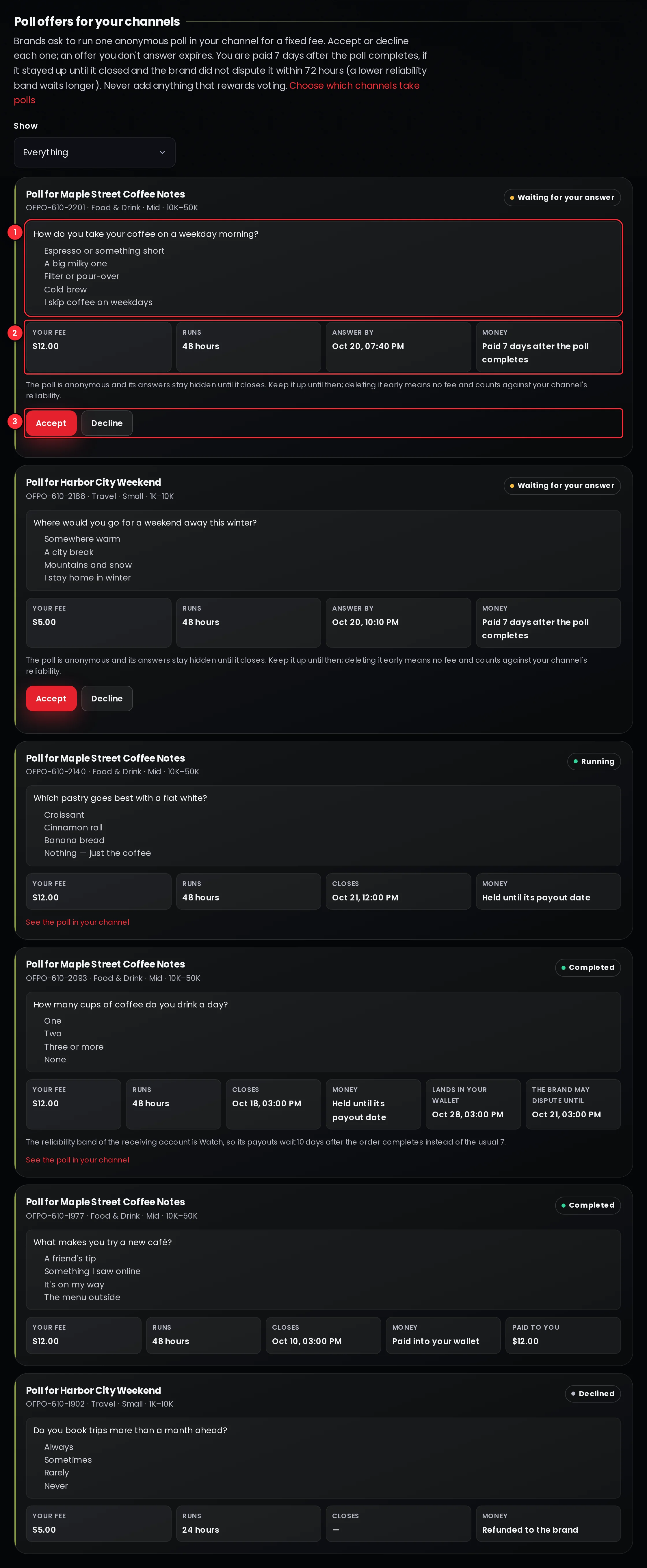 The offers inbox on the Pulse page with an offer showing the poll text, the brand, the fee for this channel, the window, and the Accept and Decline buttons