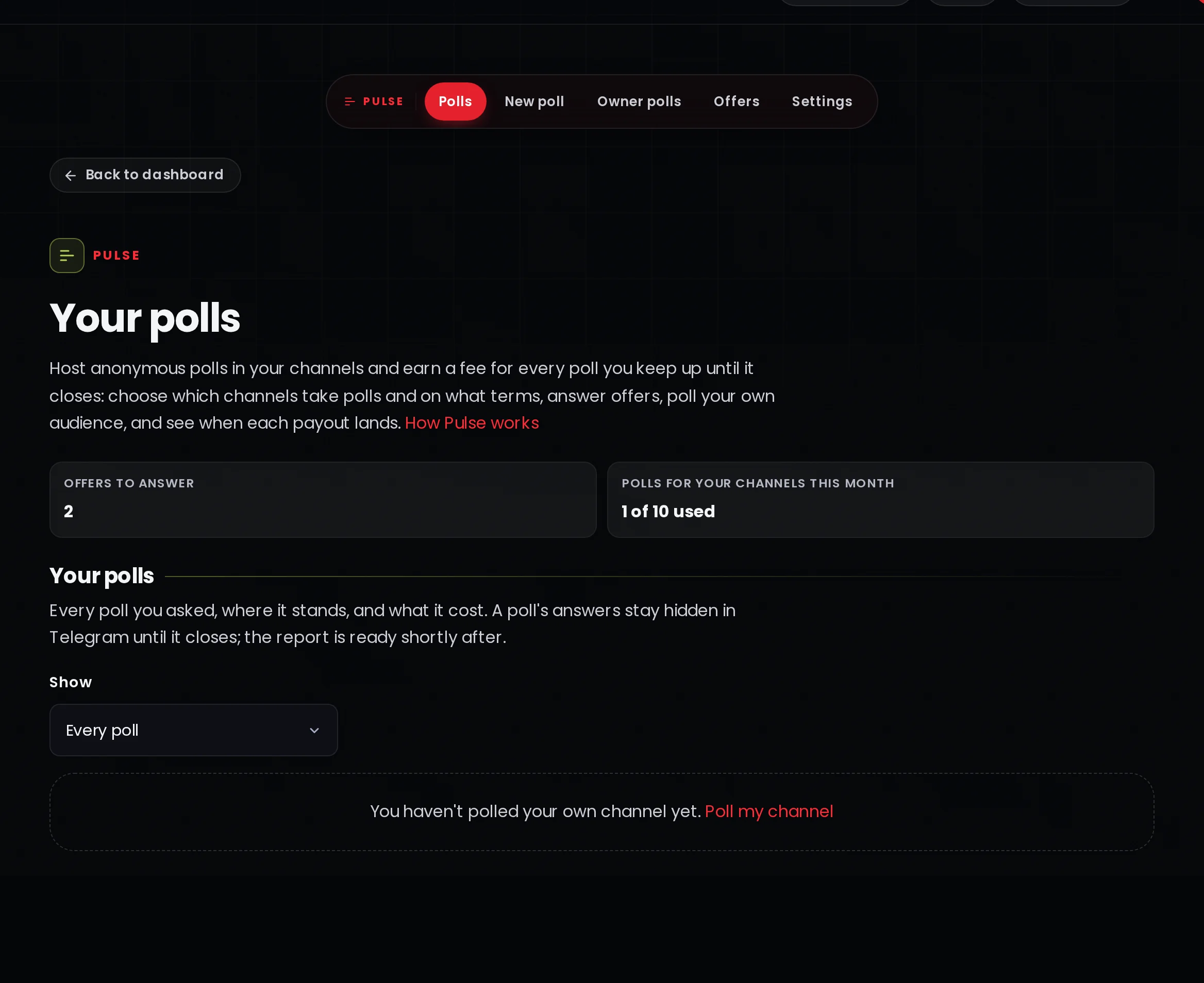 The Pulse home of a channel owner: a bar with Polls, New poll, Owner polls, Offers and Settings, a lede about hosting polls and earning a fee for each one, tiles for offers to answer and polls for your channels this month, and the list of your own polls