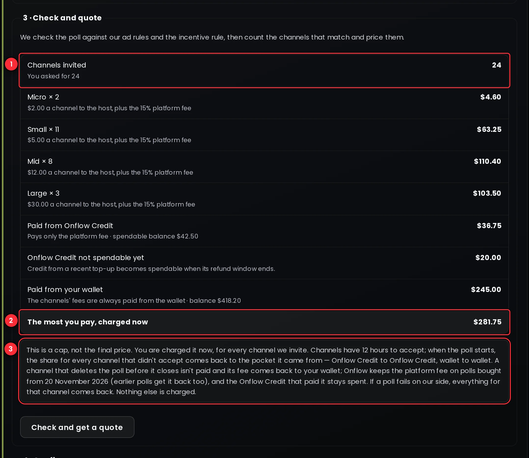 The quote for a Pulse poll with the channels offered, the cost per size band, the cap, and how much is paid with Onflow Credit and from the wallet
