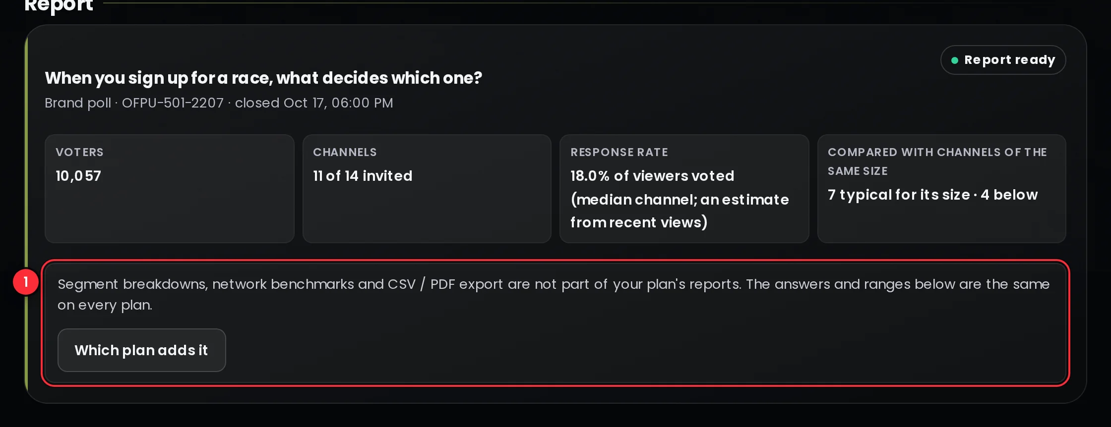 A finished report on the Free plan with the note that segment breakdowns, network benchmarks and CSV or PDF export are not part of the plan