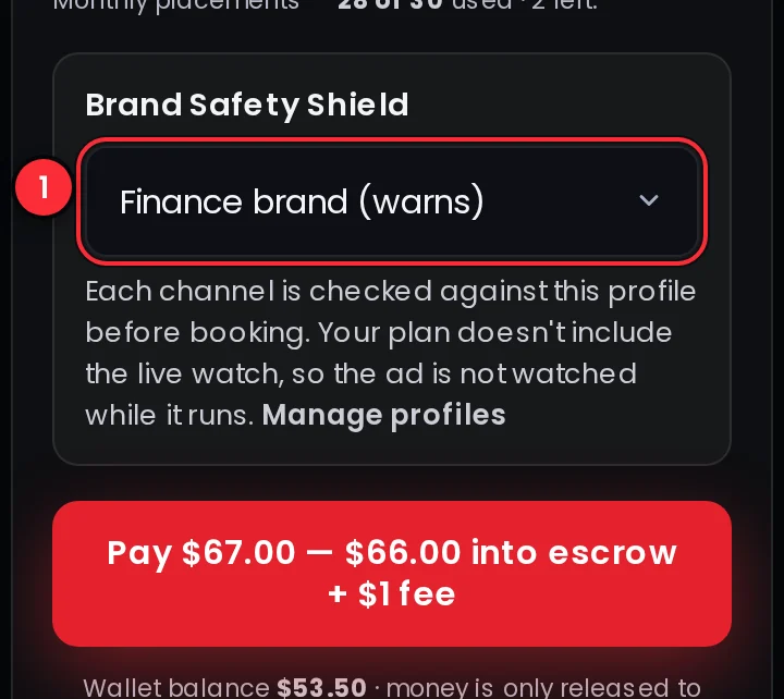 The cart with the Brand Safety Shield picker beside the Pay button, a brand profile chosen