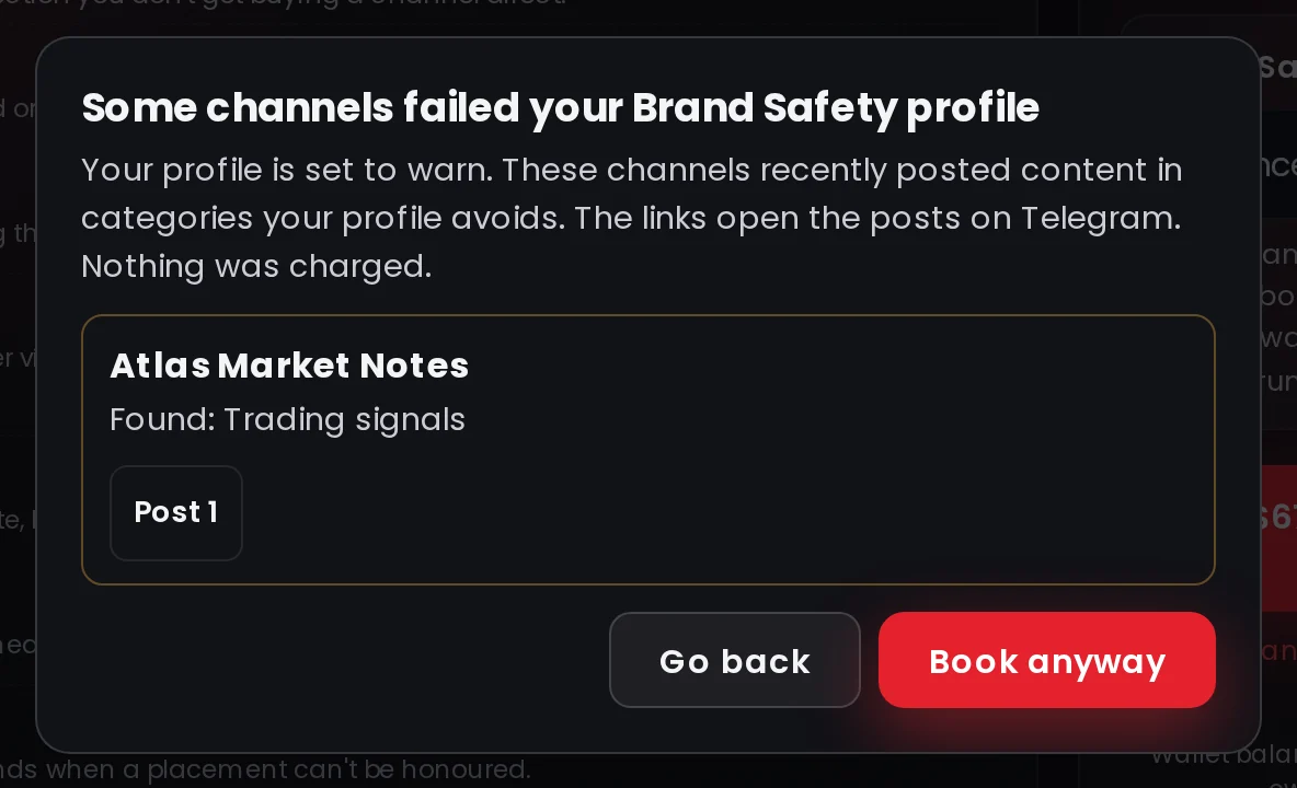 The dialog Some channels failed your Brand Safety profile, listing a channel with links to the posts that matched, and the Book anyway button