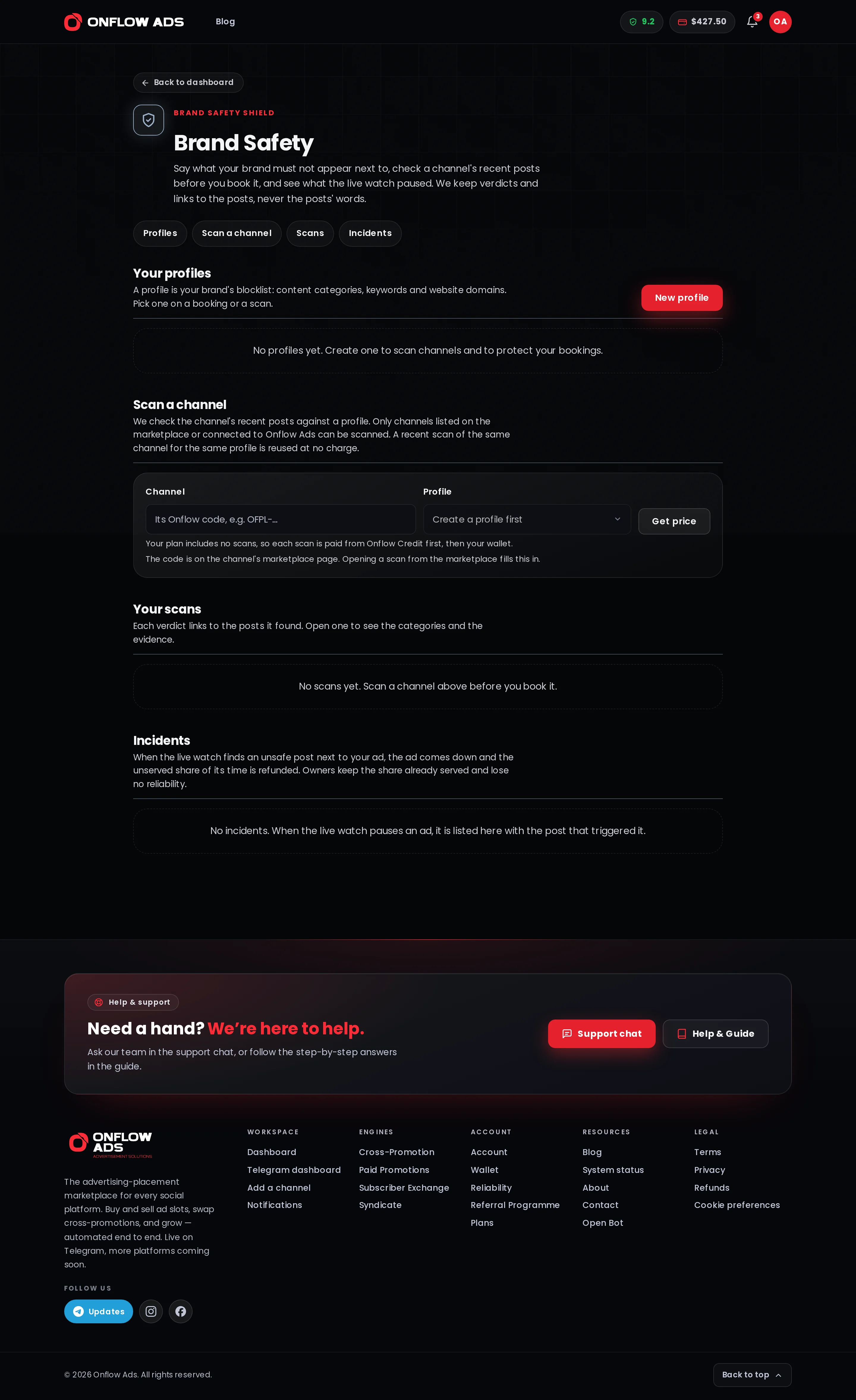 The Brand Safety page before the first profile, with the empty Profiles, Scan a channel, Scans and Incidents sections each saying what they are for