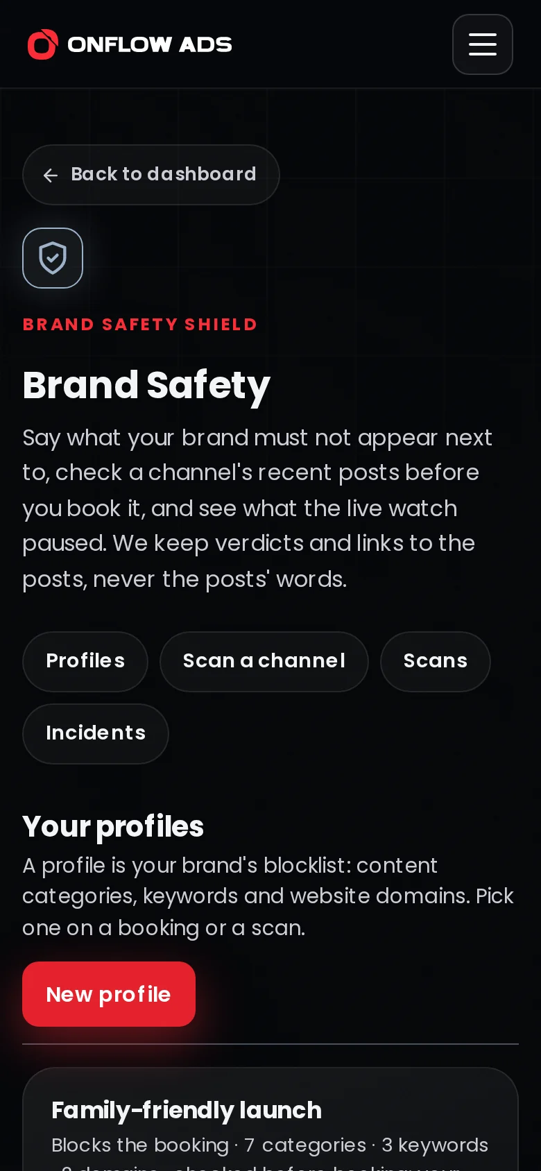 The Brand Safety page on a phone, with the sections stacked in one column