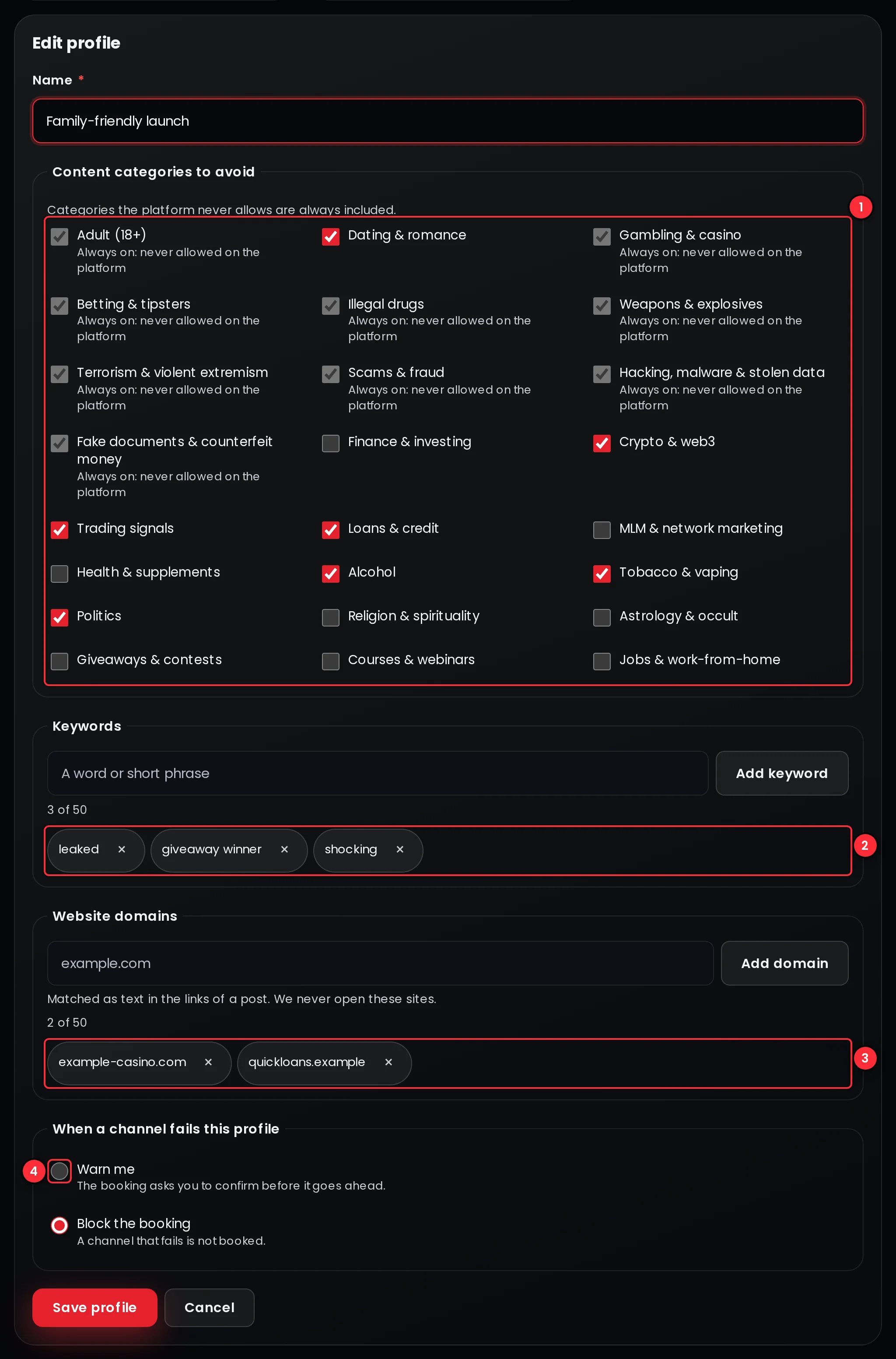 The profile editor on the Brand Safety page: content categories to avoid with the always-included ones locked, keywords, website domains, and the choice between Warn me and Block the booking