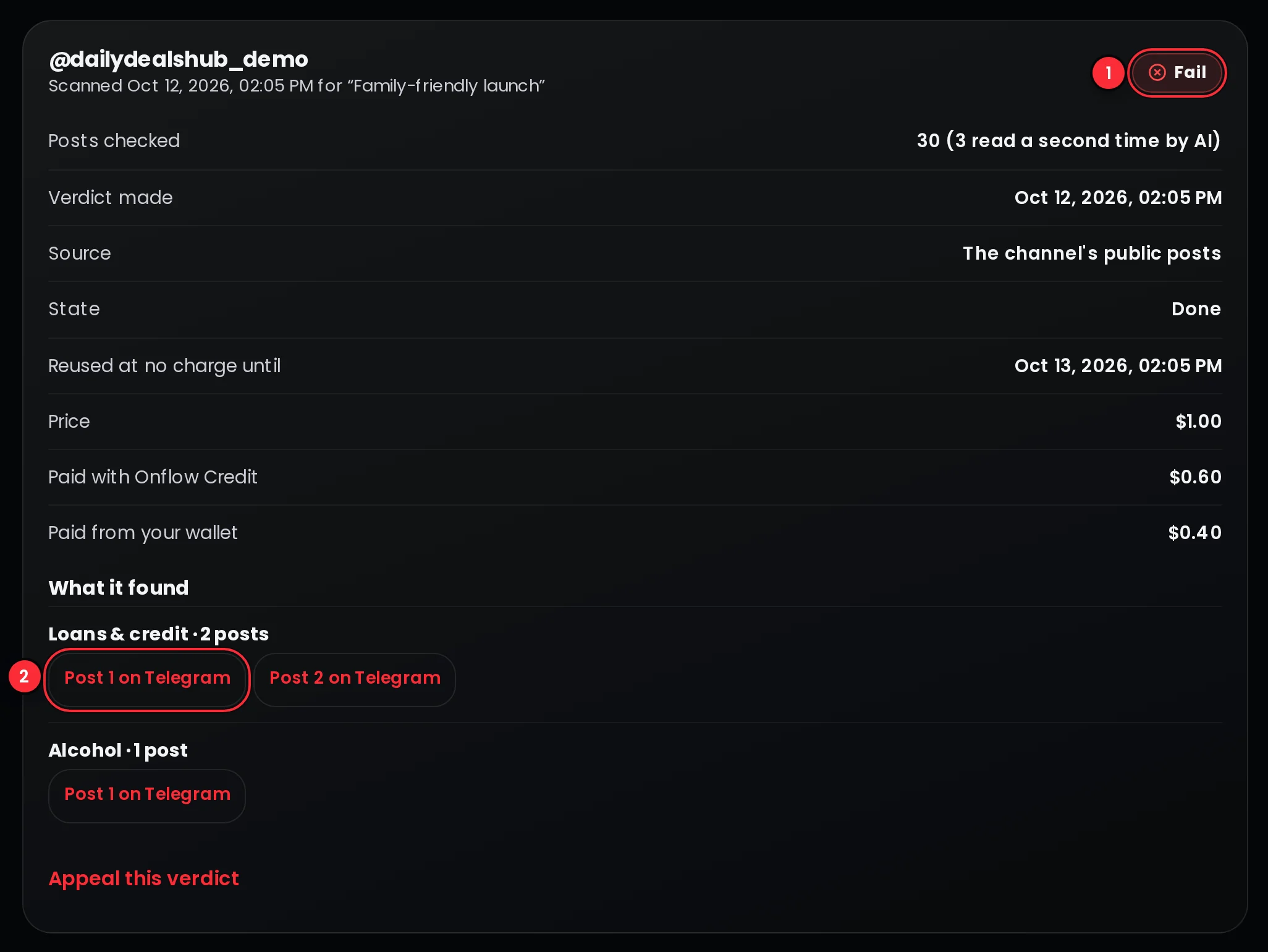 A scan with the verdict Fail, the categories that matched, and links to the posts on Telegram behind each