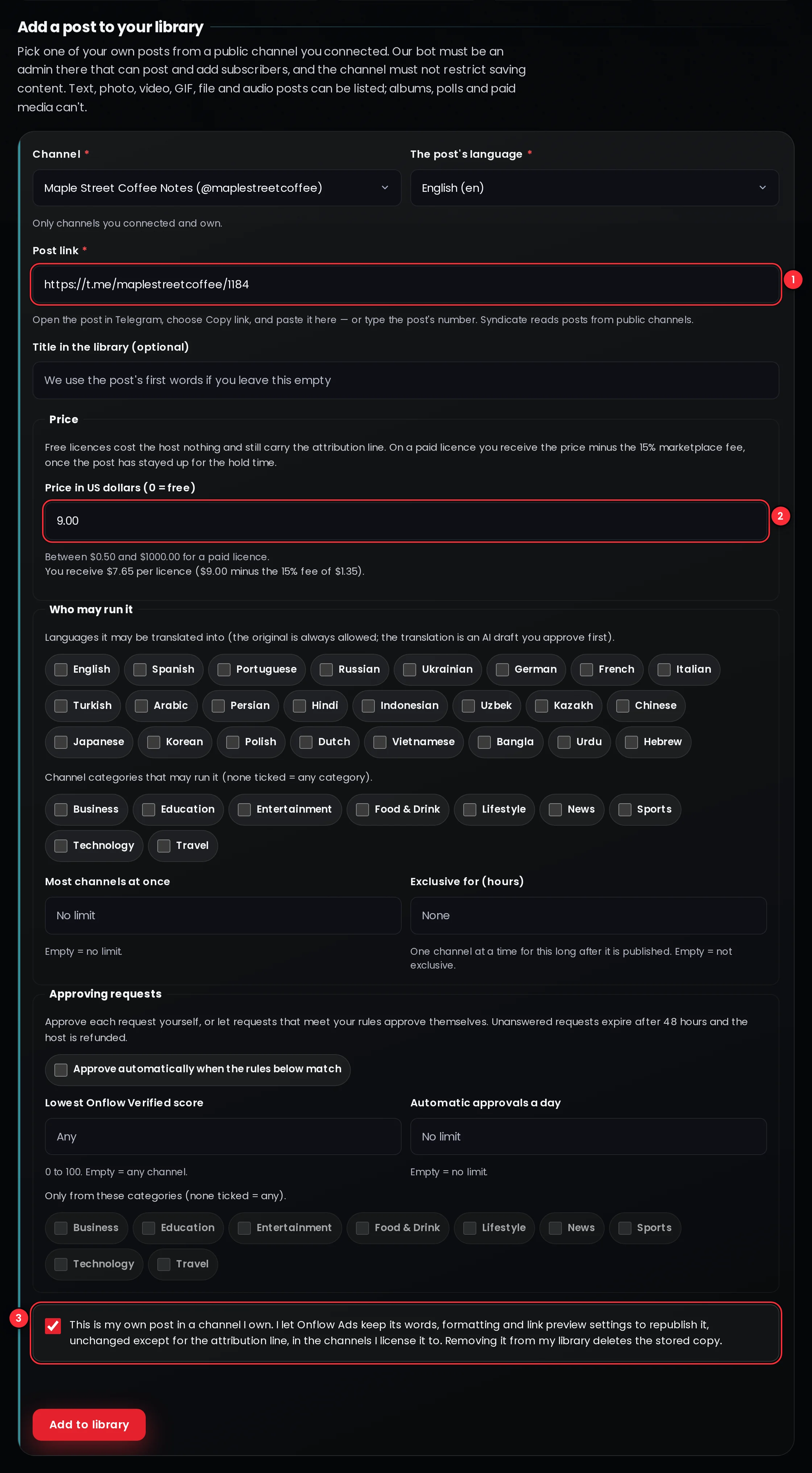 The Add a post to your library panel: the channel and the post's language, the post link, the price with what you receive after the fee, who may run it, the approval rules, and the ticked consent box above the Add to library button