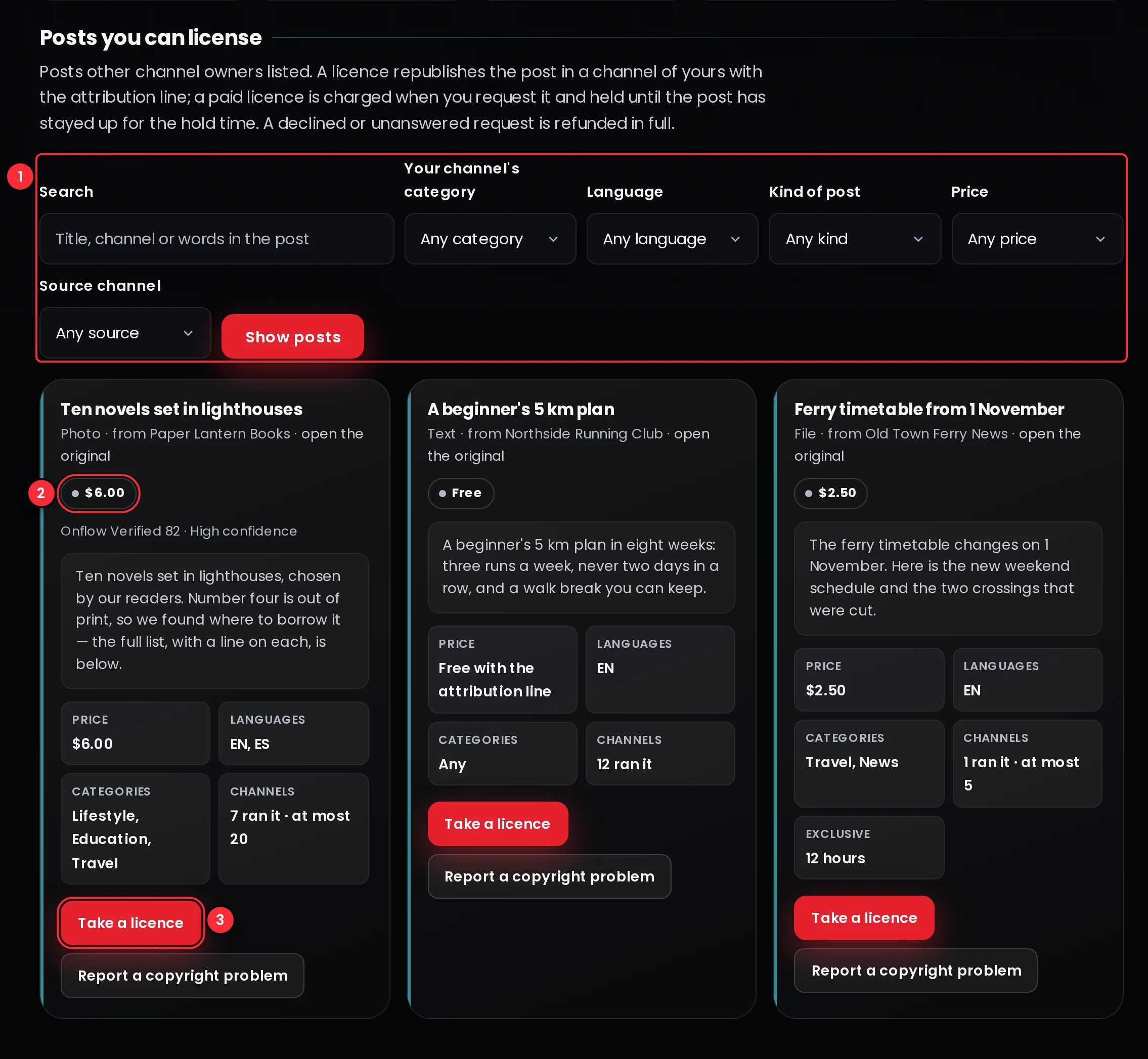 The Browse tab: filters for search, your channel's category, language, kind of post, price and source channel, and cards with the post's price, its source channel's Onflow Verified score, a preview, its terms and the Take a licence button