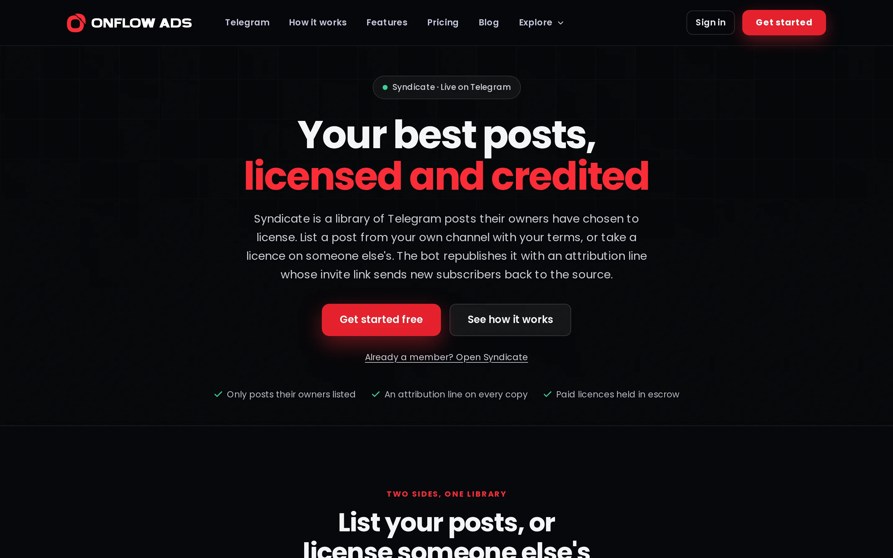 The public Syndicate page: the headline Your best posts, licensed and credited, a short explanation of listing and licensing, and the promises only posts their owners listed, an attribution line on every copy and paid licences held in escrow