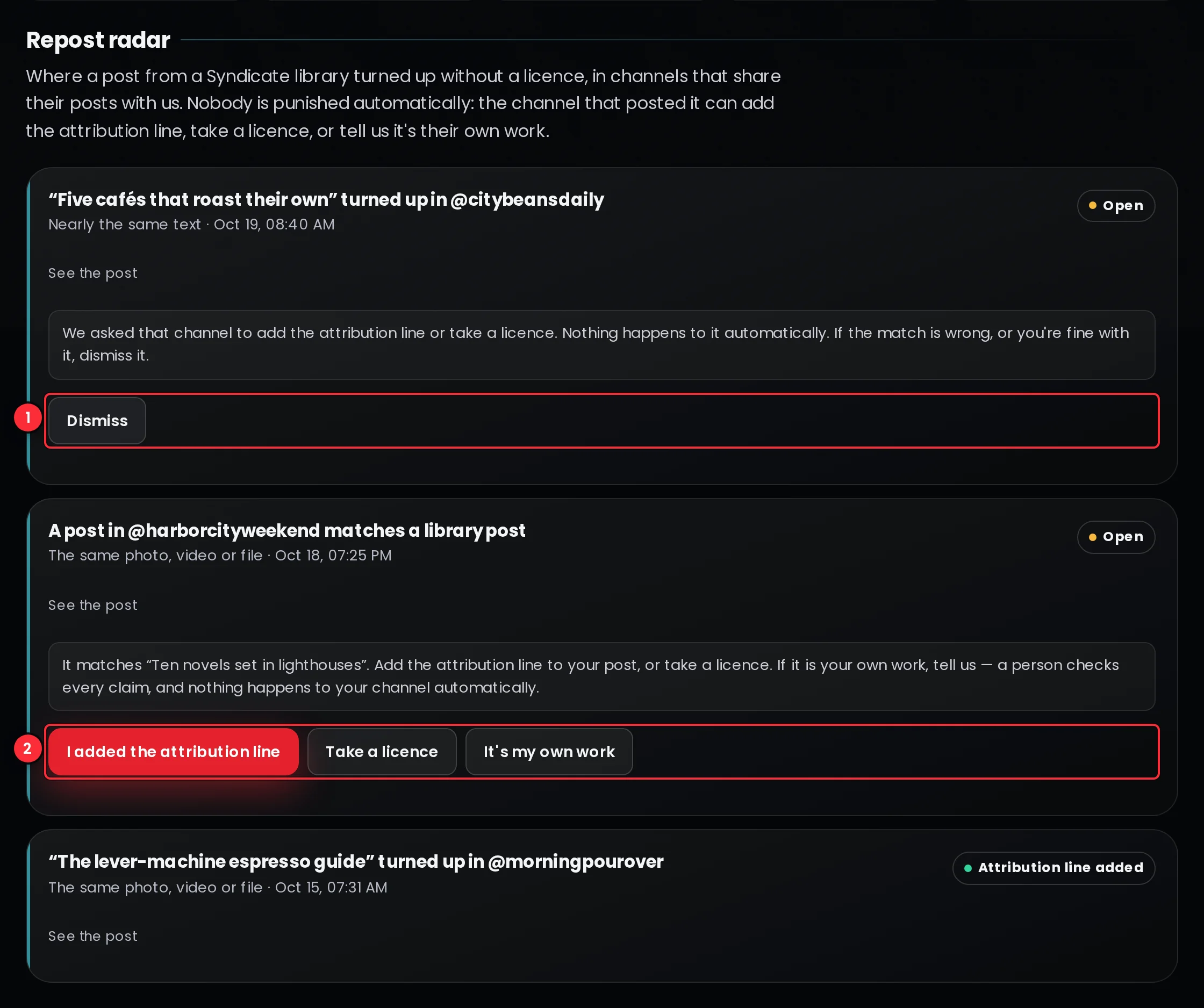 The Radar tab with three alerts: a copy of your post in another channel with a Dismiss button, a post in your own channel that matches someone's library post with the buttons I added the attribution line, Take a licence and It's my own work, and an alert marked Attribution line added