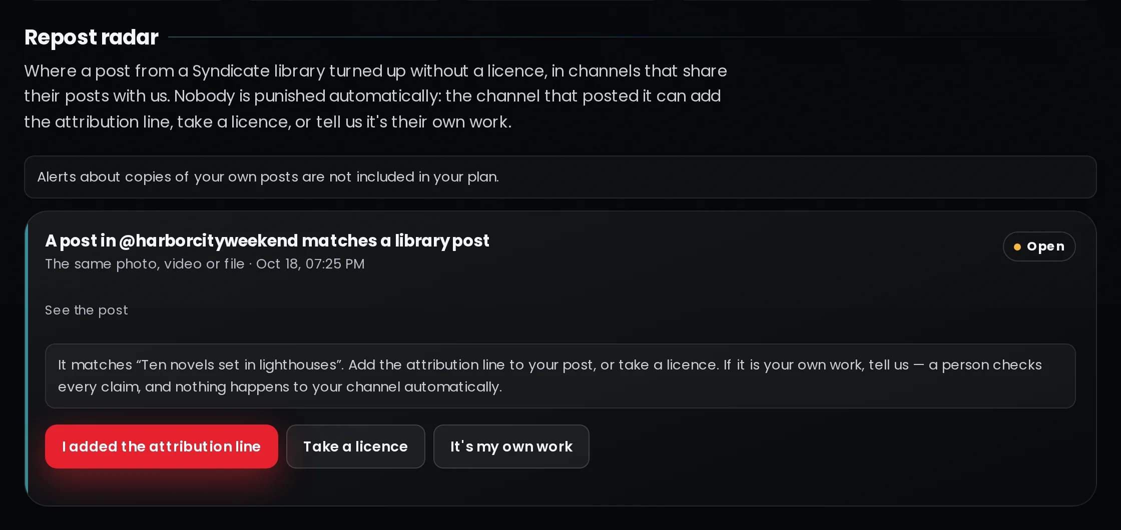 The Radar tab on the Free plan: a note that alerts about copies of your own posts are not included in the plan, and an alert about a post in your channel with its three buttons
