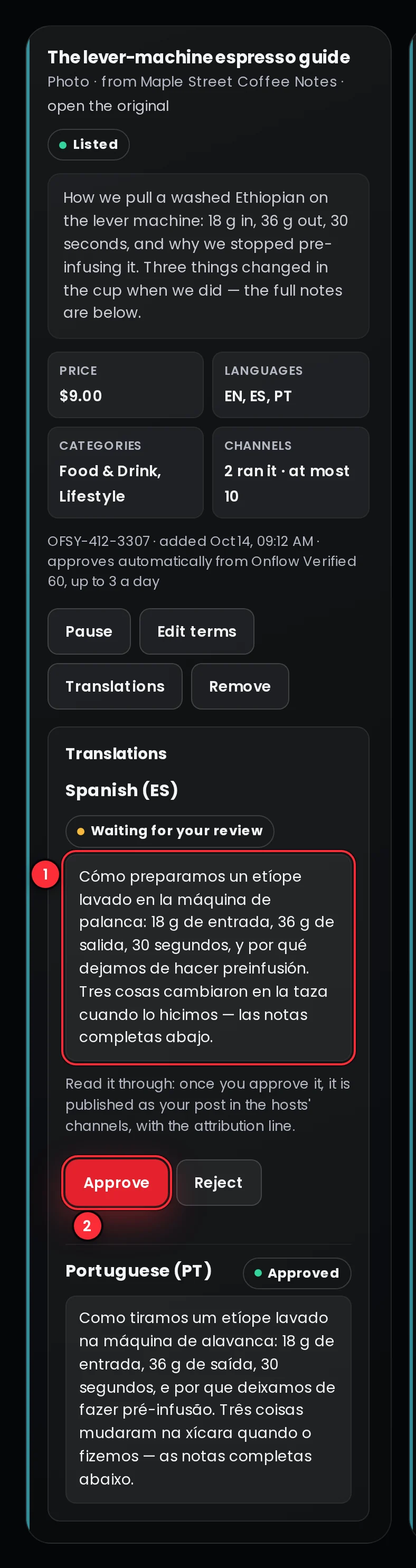 A library post with its Translations panel open: a Spanish draft waiting for review with the Approve and Reject buttons, and an approved Portuguese translation below it