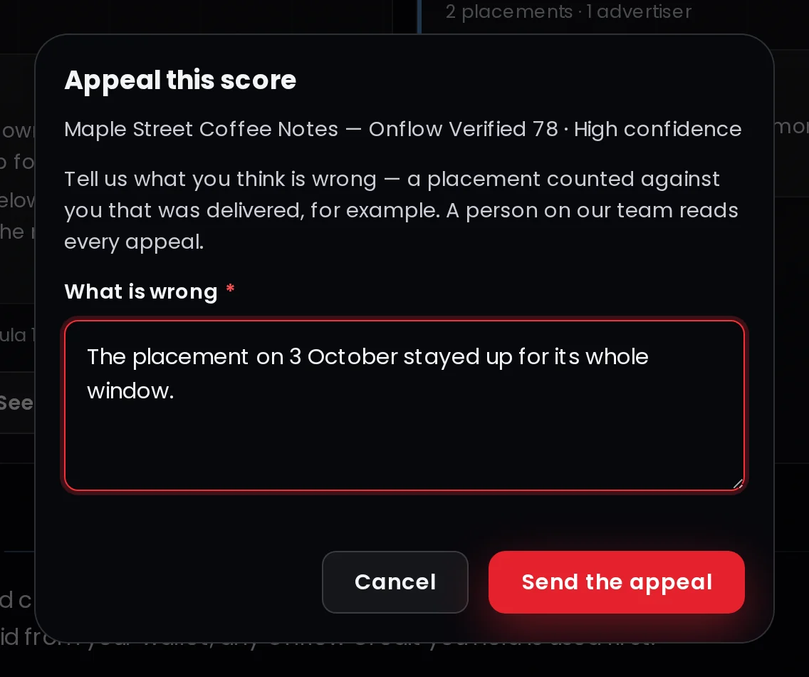 The Appeal this score dialog with the box What is wrong filled in and the buttons Cancel and Send the appeal