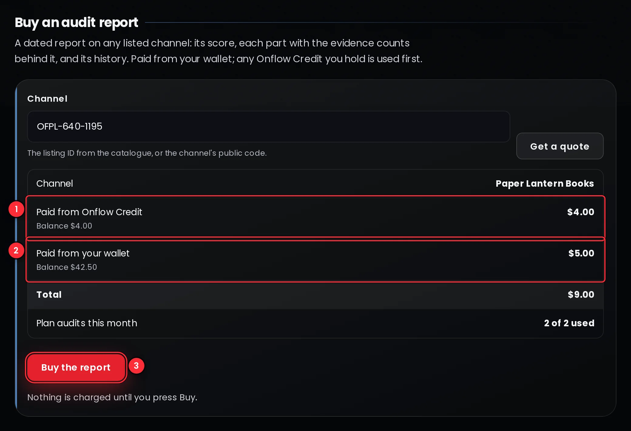 The Buy an audit report section with a quote showing the part paid from Onflow Credit, the part paid from the wallet and the Buy the report button