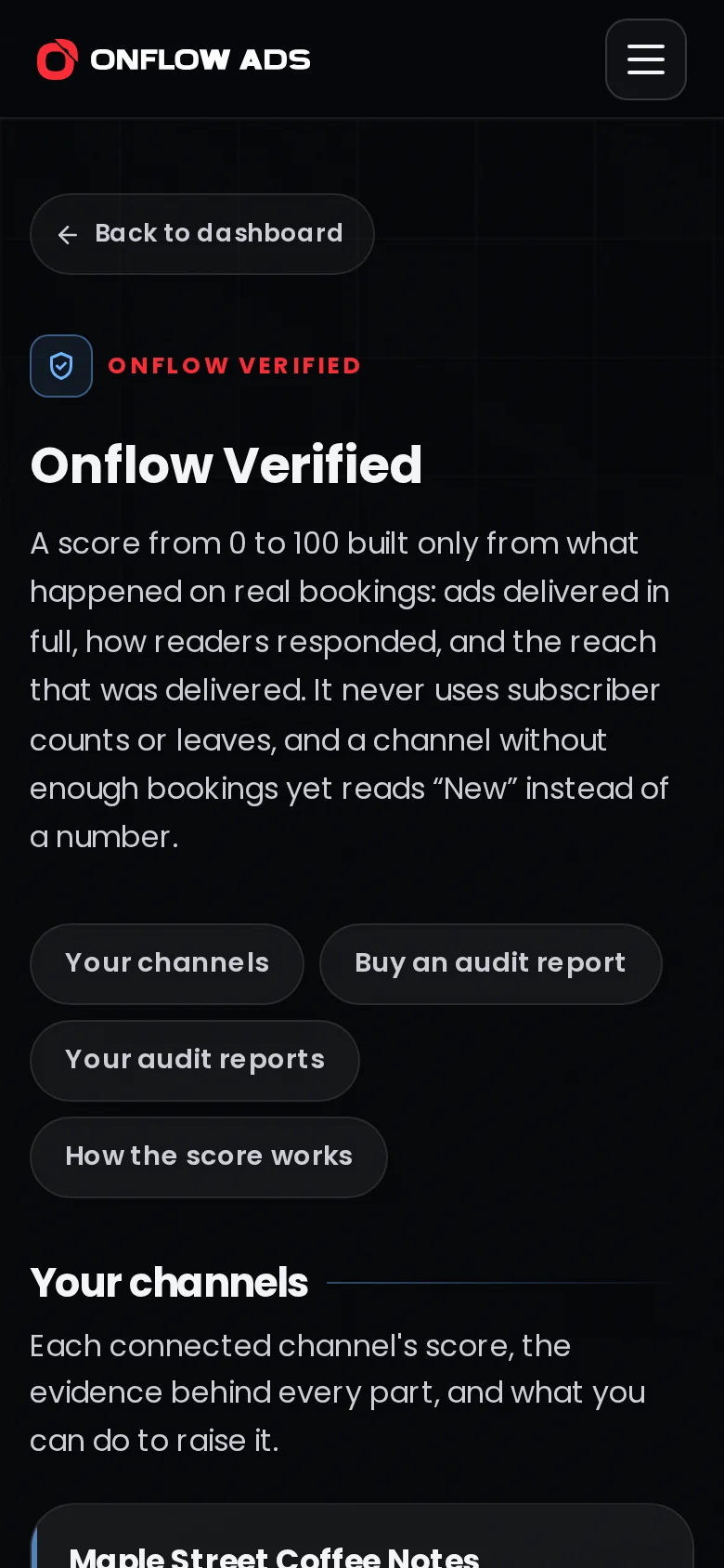 The Onflow Verified page on a phone, with the channel cards stacked in one column